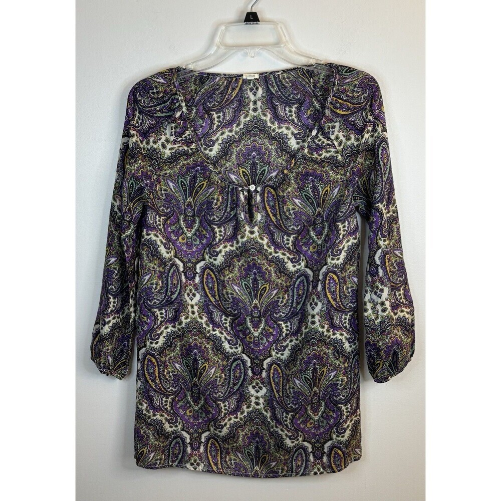 J CREW Purple Paisley Key Hole Neck Silk Popover Blouse XXS 3/4 Sleeve Retro Top